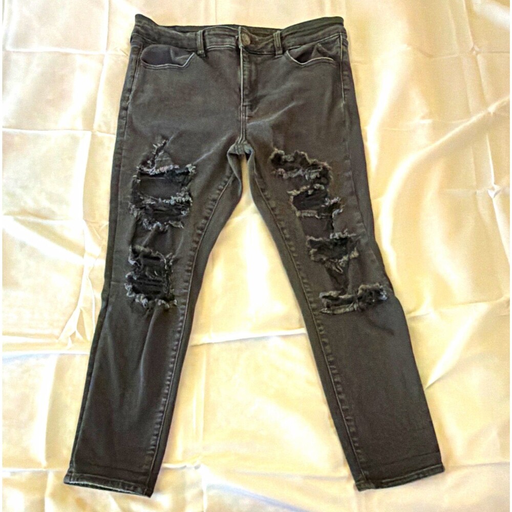 American Eagle Black Dark Wash Skinny Jeans Womens 16 Short Stretch Distressed